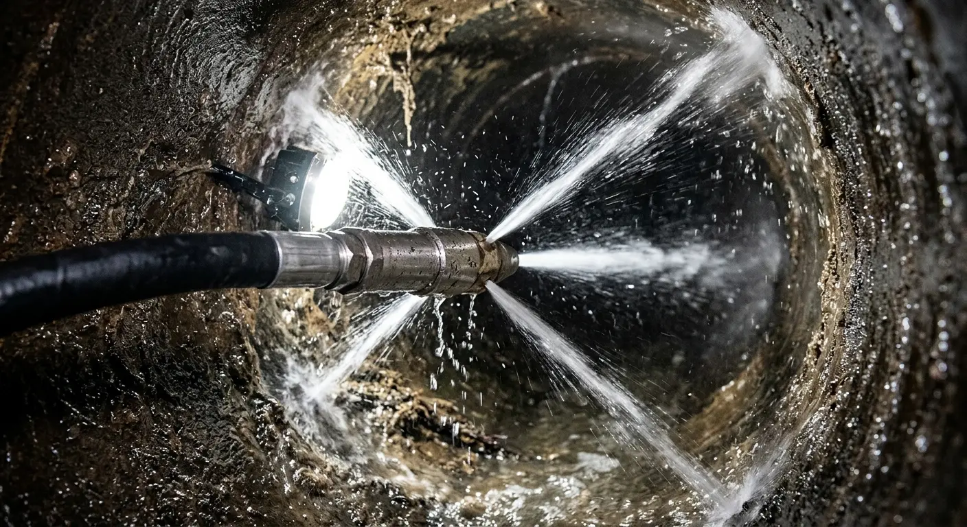 High-pressure hydro jetting nozzle cleaning sewer pipe for Sewer Cleanout in Ashland