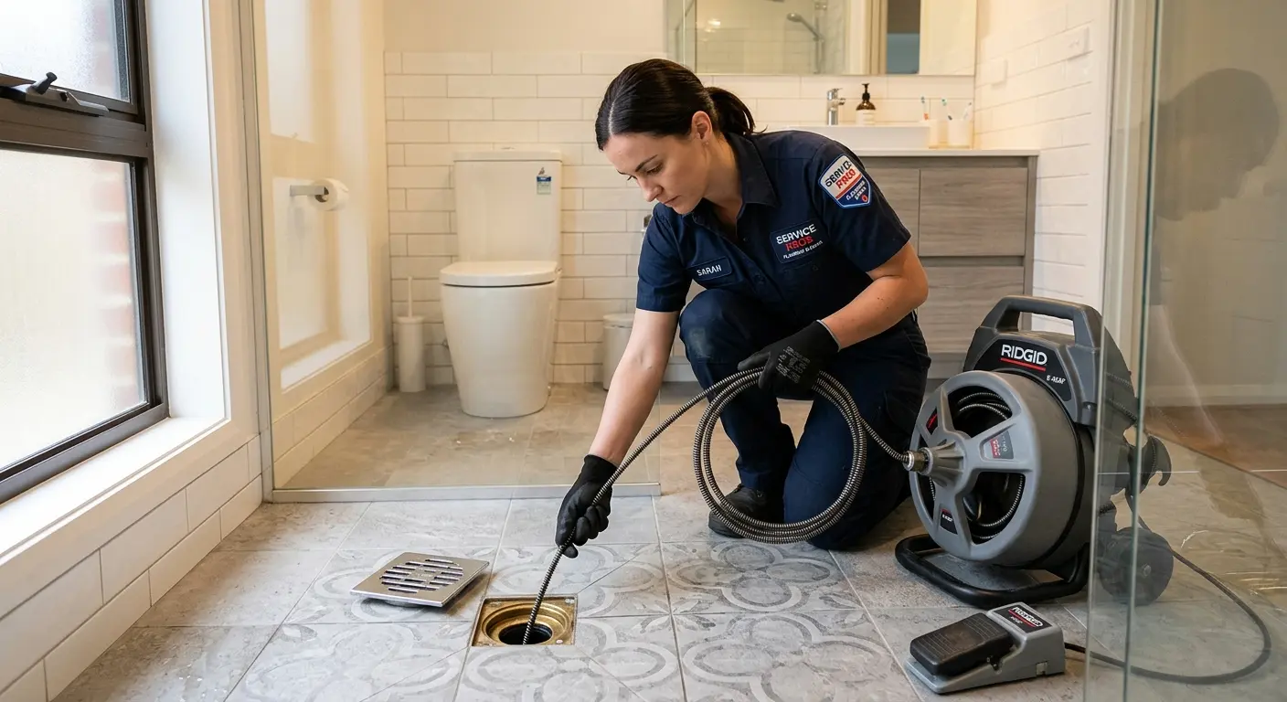 Technician clearing a bathroom floor drain for Sewer Line Replacement in Ashland